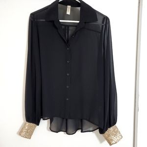 Tacera black sheer blouse top high low long sleeve gold sequin wrist